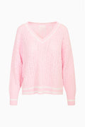 Pink linen-cotton cable knit pullover sweater with V-neck and striped hem cuffs