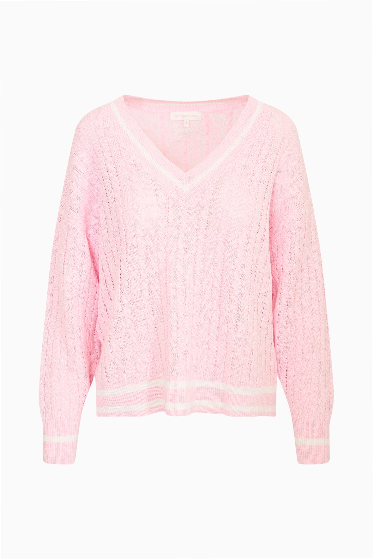Pink linen-cotton cable knit pullover sweater with V-neck and striped hem cuffs