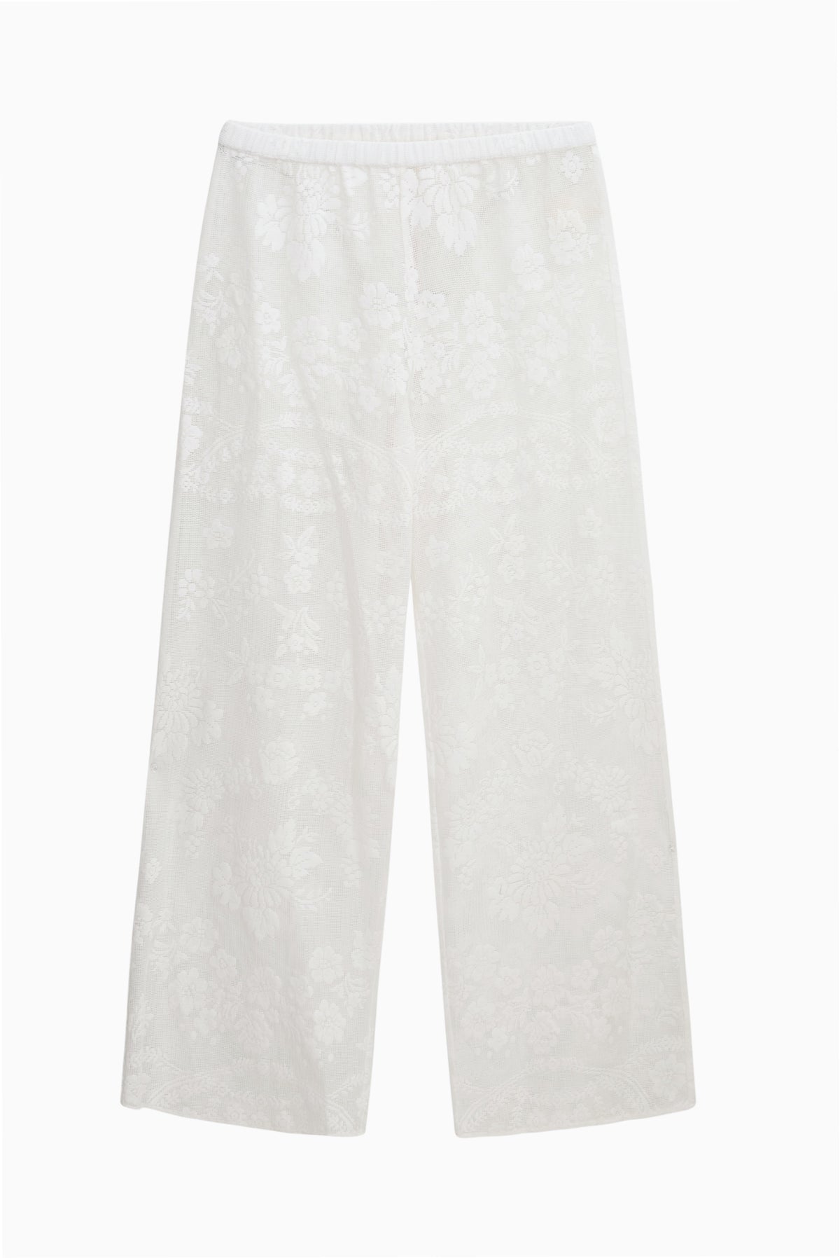 White lace cover-up pants with wide legs, sheer fabric and floral pattern