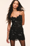 Black embellished lace mini dress, sleeveless spaghetti straps and fitted silhouette