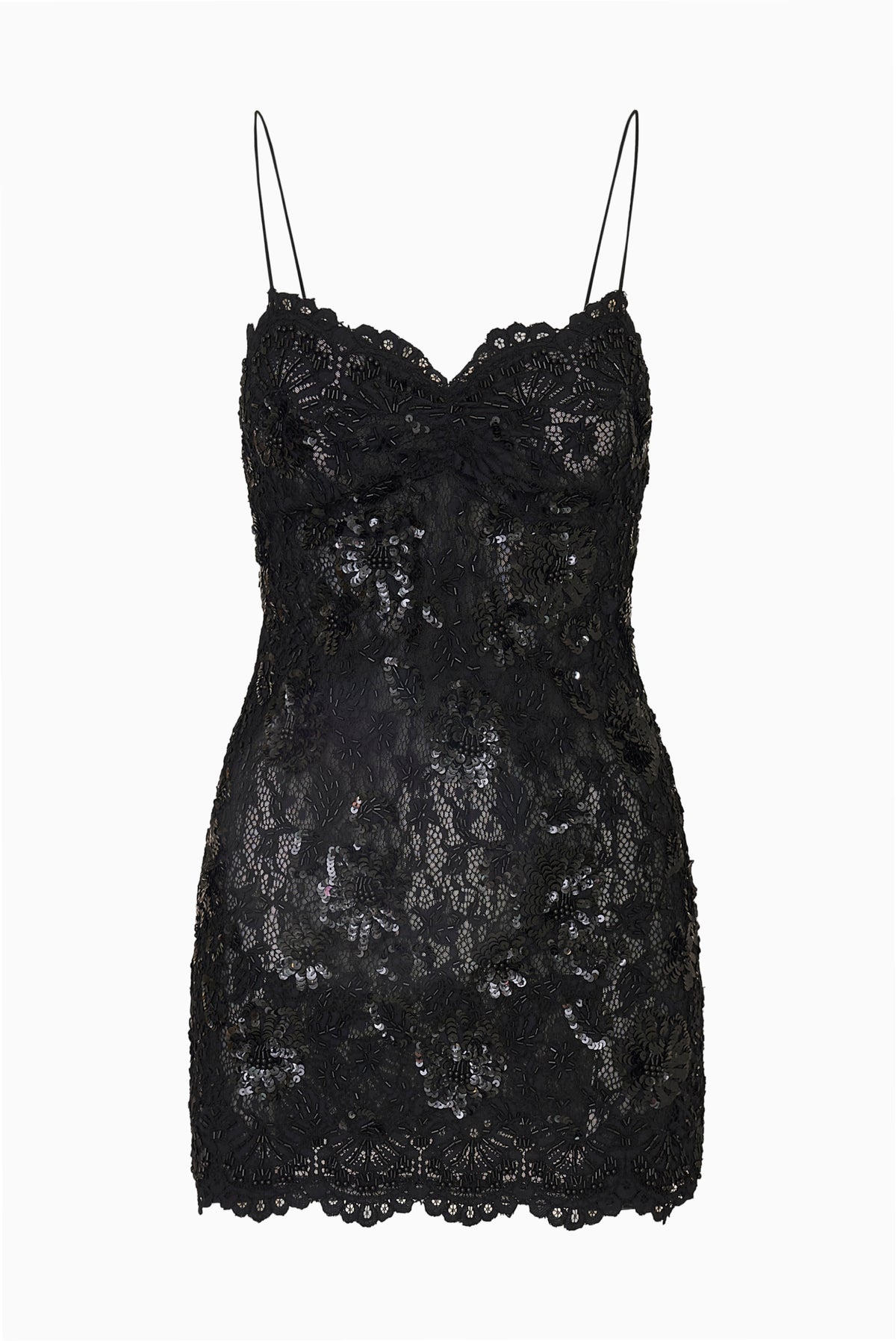 Black embellished lace mini dress with spaghetti straps and scalloped hem