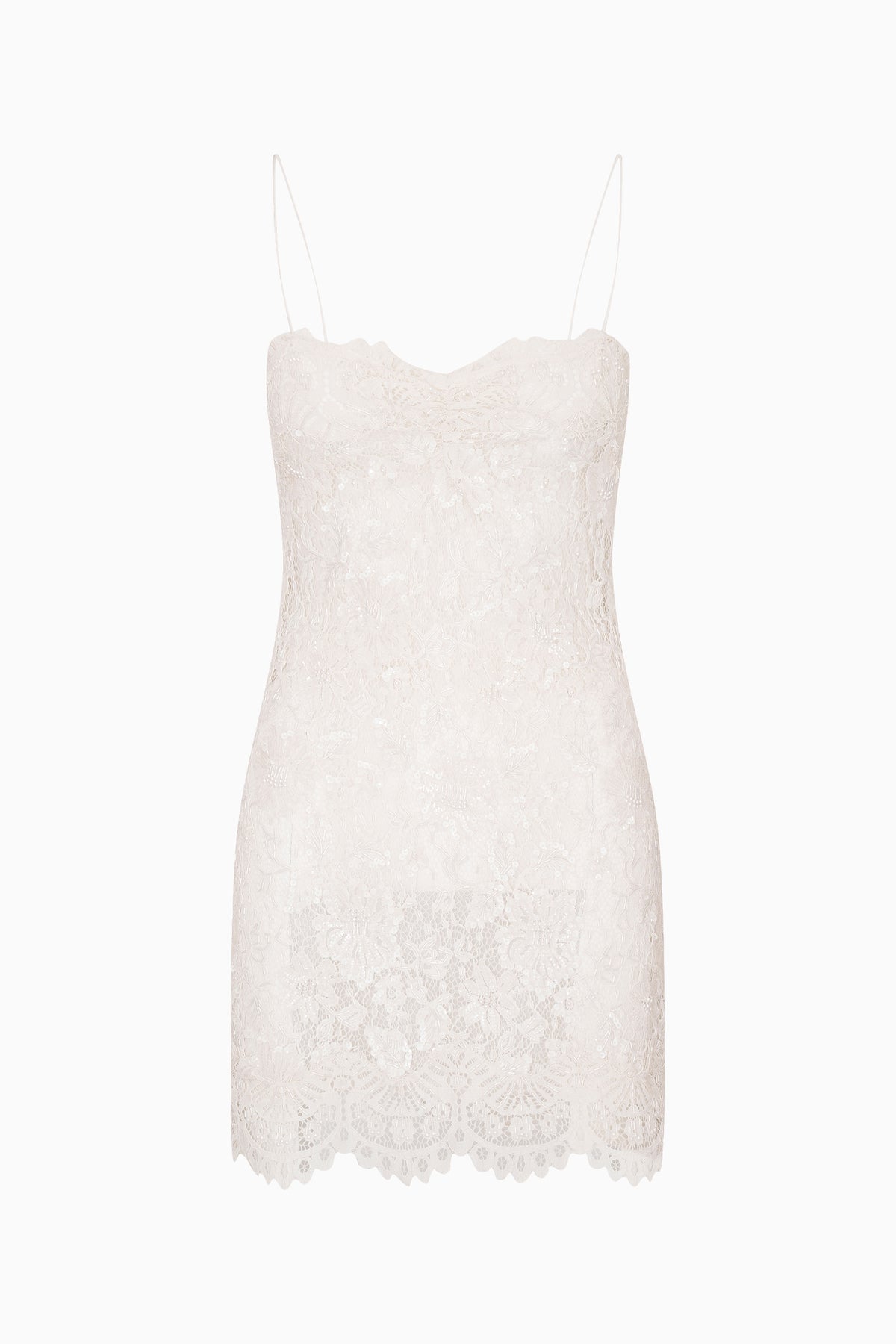Ivory sequin lace mini dress with spaghetti straps and scalloped lace hem