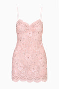 Opaline pink embellished lace mini dress with spaghetti straps and scalloped hem