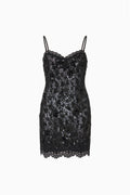 Tween lace jetta dress in black, spaghetti straps, sequin embellishment