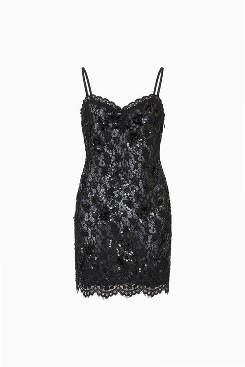 Tween lace jetta dress in black, spaghetti straps, sequin embellishment