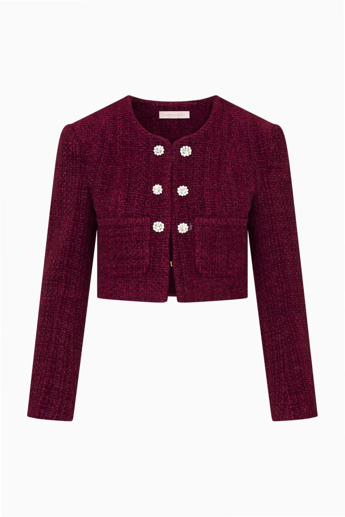 Bordeaux tweed cropped jacket, long sleeves, open front with clustered decorative buttons