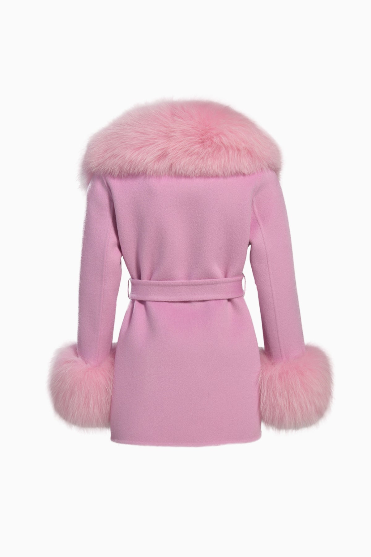 Kids mini coat in pink with faux fur collar and cuffs, belted back, button closures
