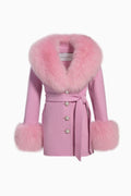 Kids mini coat in pink with faux fur collar, button front, and tie belt, fur cuffs
