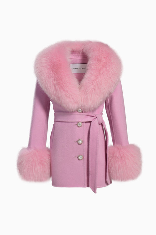 Kids mini coat in pink with faux fur collar, button front, and tie belt, fur cuffs