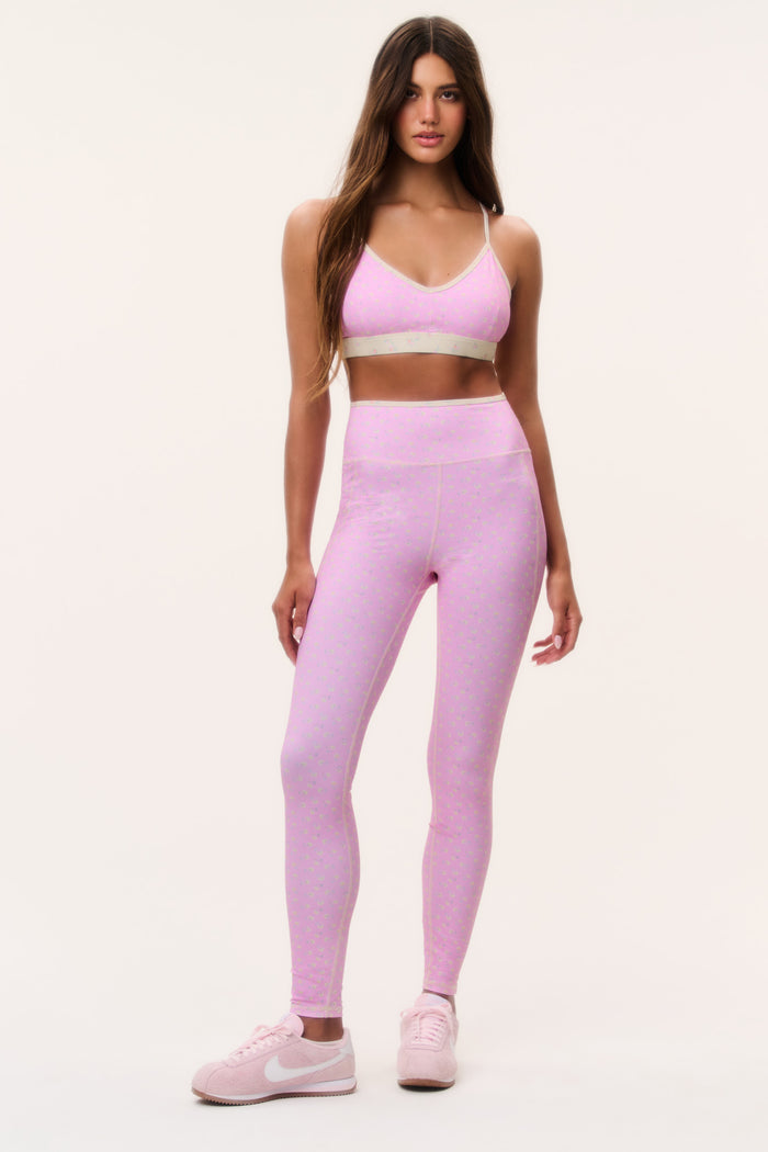 Pink speckle active leggings, front view with high-rise waistband