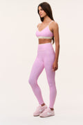 Pink speckle active leggings, side view with high-rise waistband
