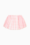 Pink-and-white striped mini skort with gathered, flared hem