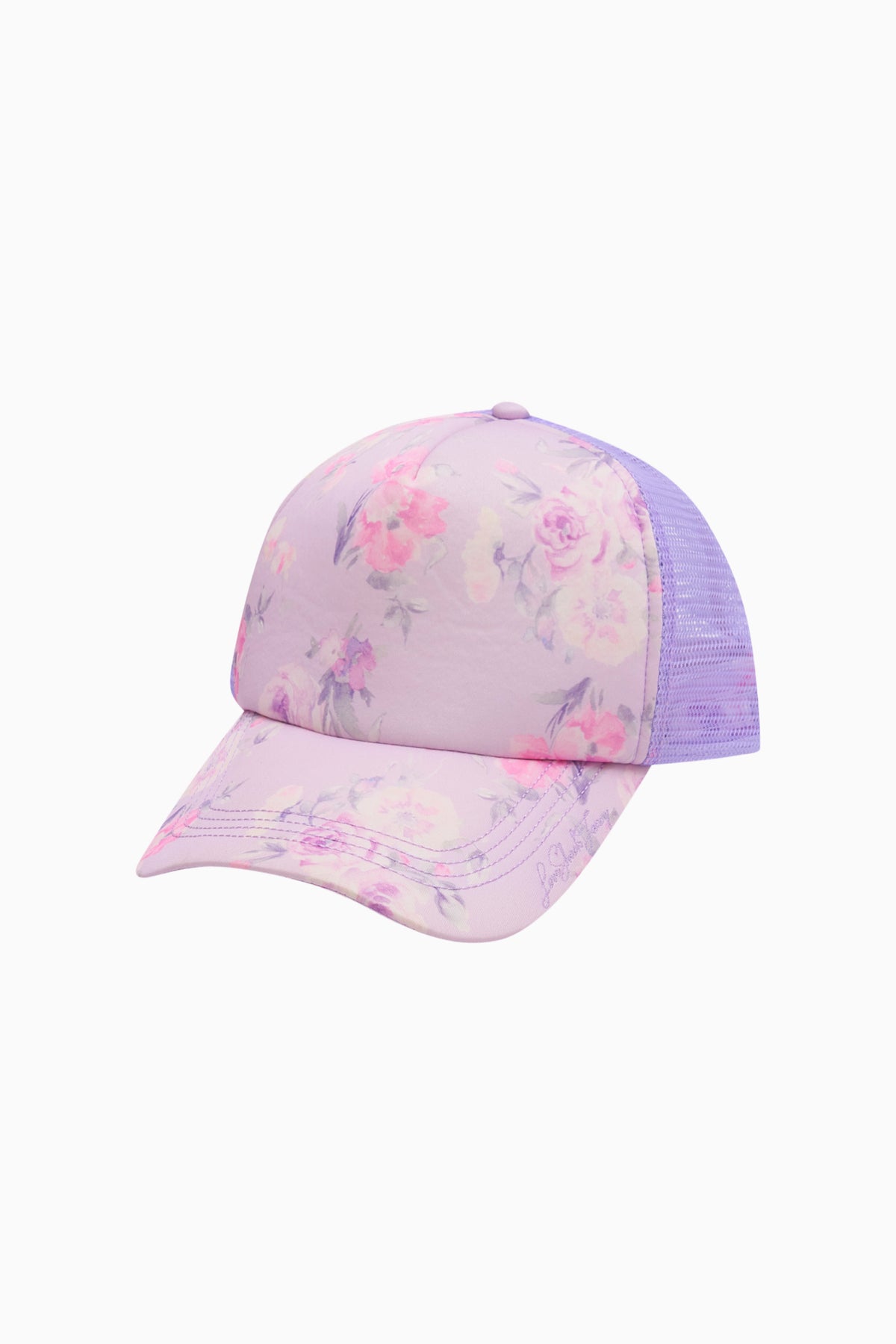Floral print trucker hat with light pink crown and brim, purple mesh side panels