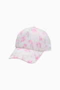 Floral print trucker hat with light pink crown and brim, pale purple mesh back