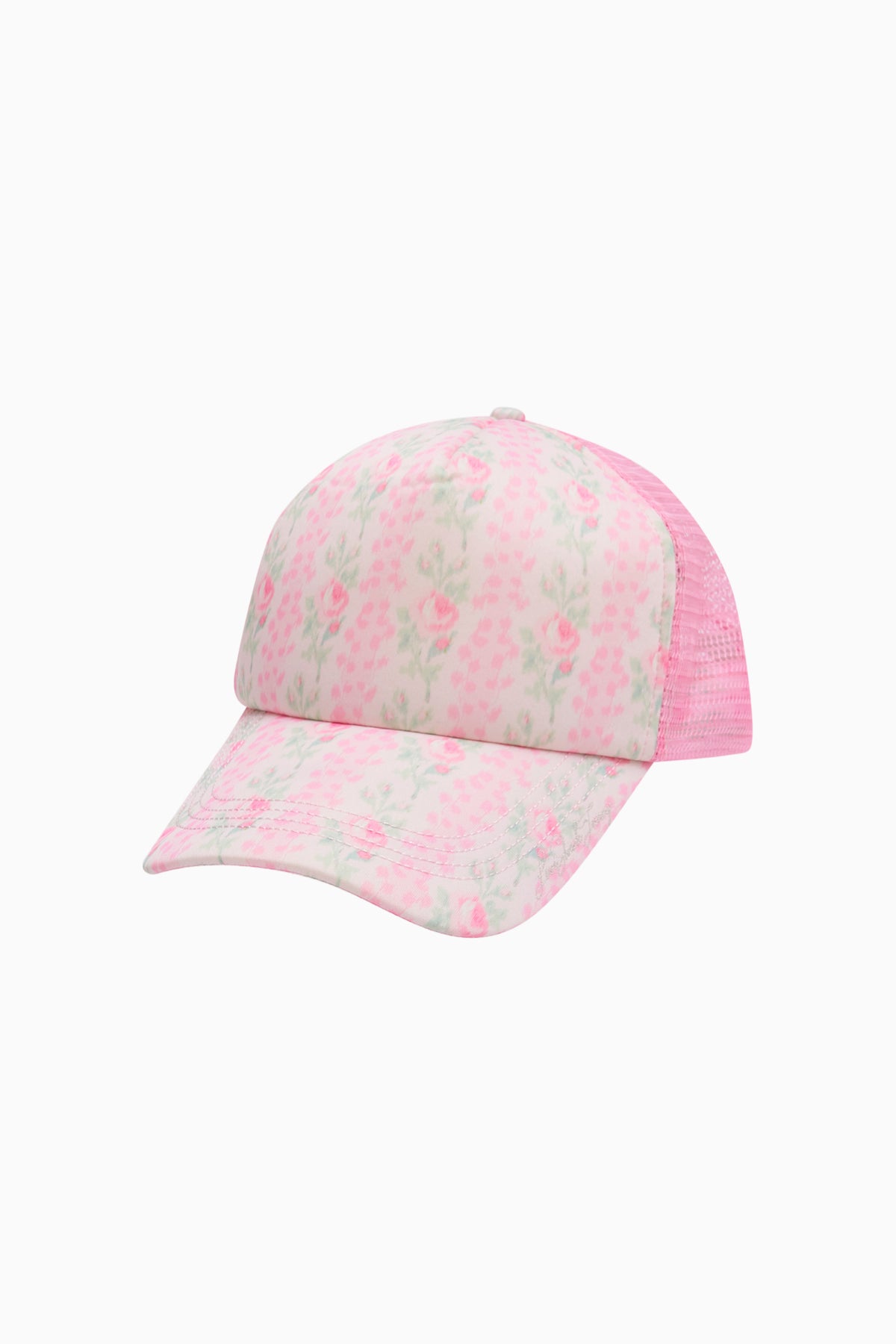Floral print trucker hat with pale pink crown and brim, pink mesh side panels