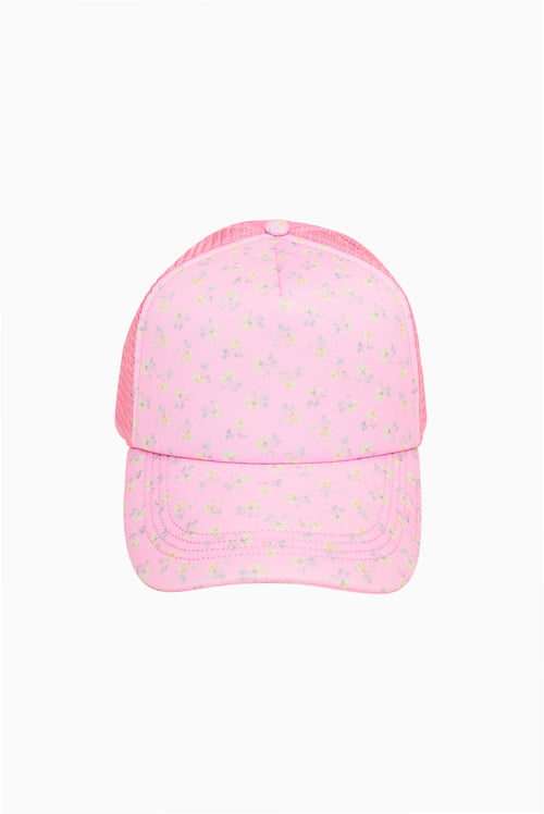 Pink patterned trucker hat with curved brim and mesh back