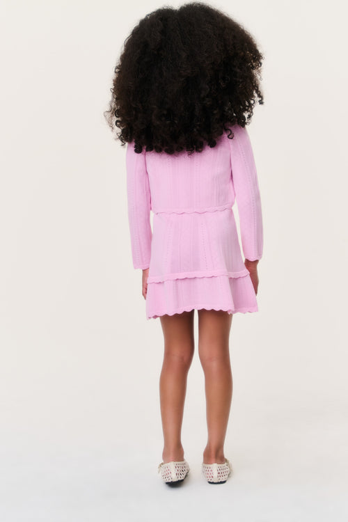 Girls pink pointelle knit cardigan, long sleeves, ruffled tiered back