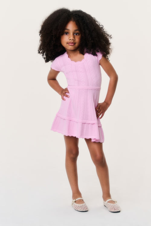 Girls' candy pink pointelle tiered dress with short sleeves and crew neck
