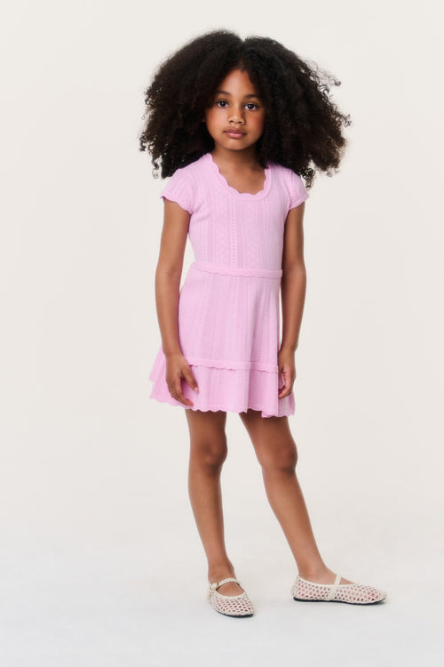 Girls' candy pink pointelle tiered dress with short sleeves and elastic waist