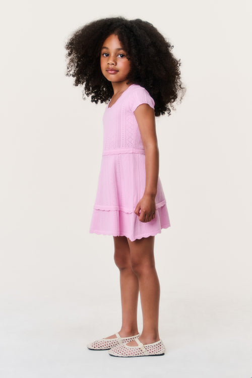 Girls' candy pink pointelle tiered dress with scalloped hem
