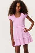 Tween stretch pointelle dress in light pink, fitted bodice, tiered skirt and ruffles