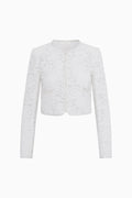 Ivory cropped lace jacket with long sleeves, front zipper, scalloped trim