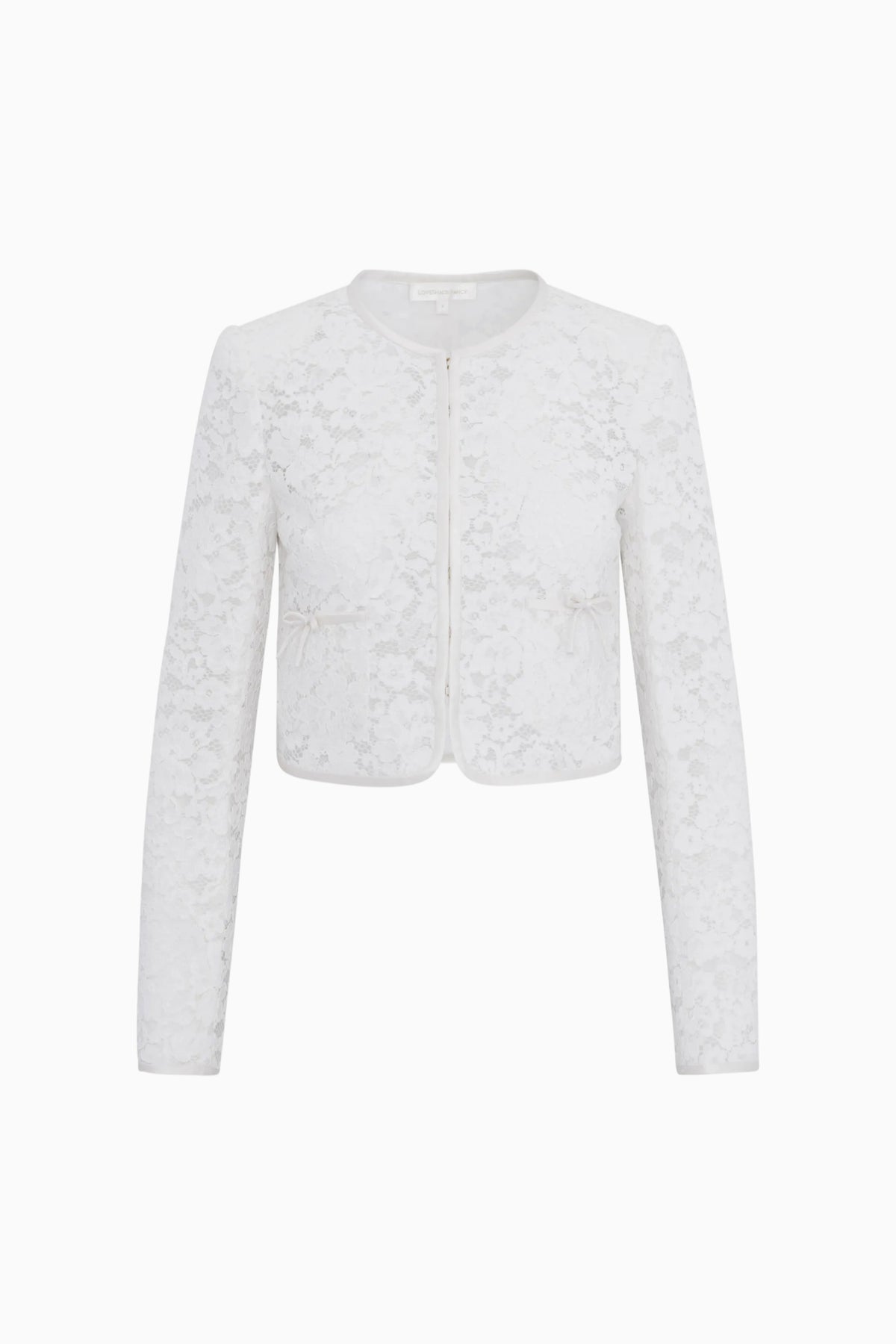 Ivory cropped lace jacket with long sleeves, front zipper, scalloped trim