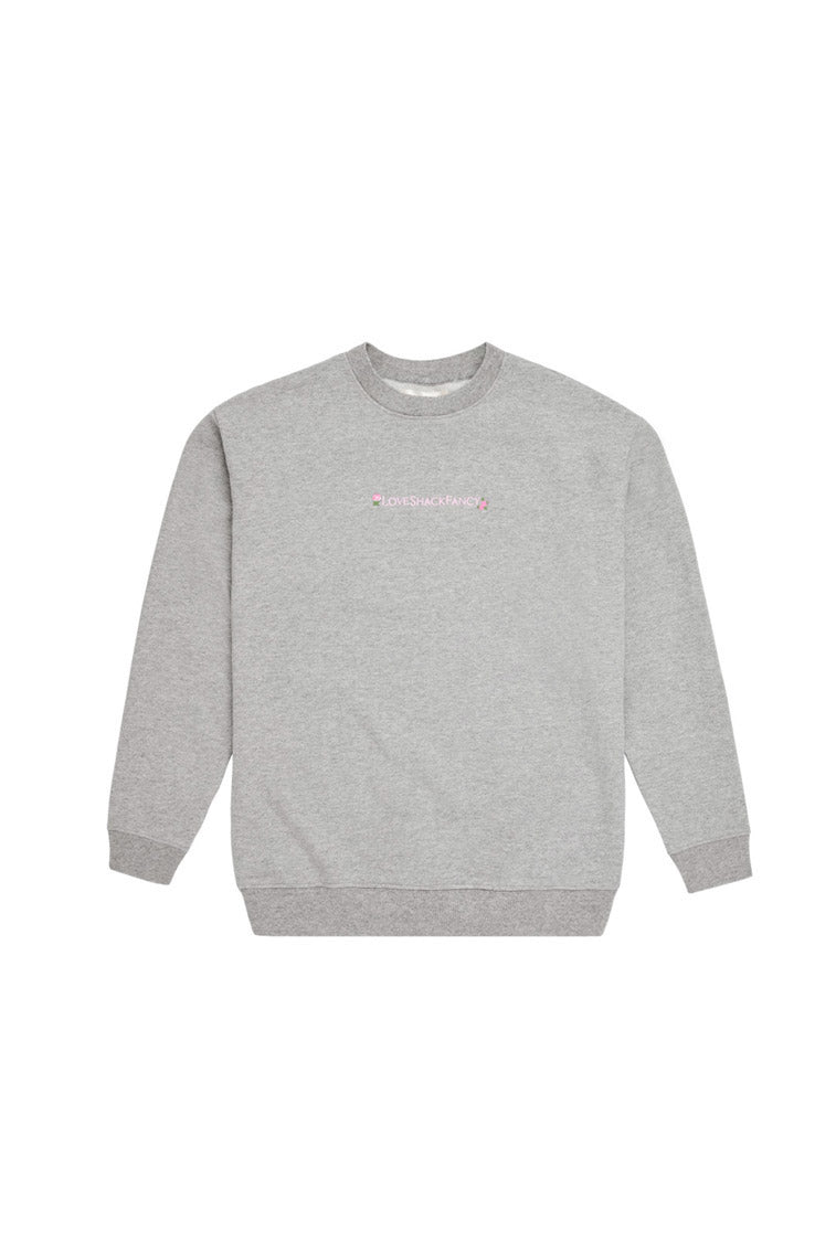 Gray crewneck pullover sweatshirt with small chest graphic