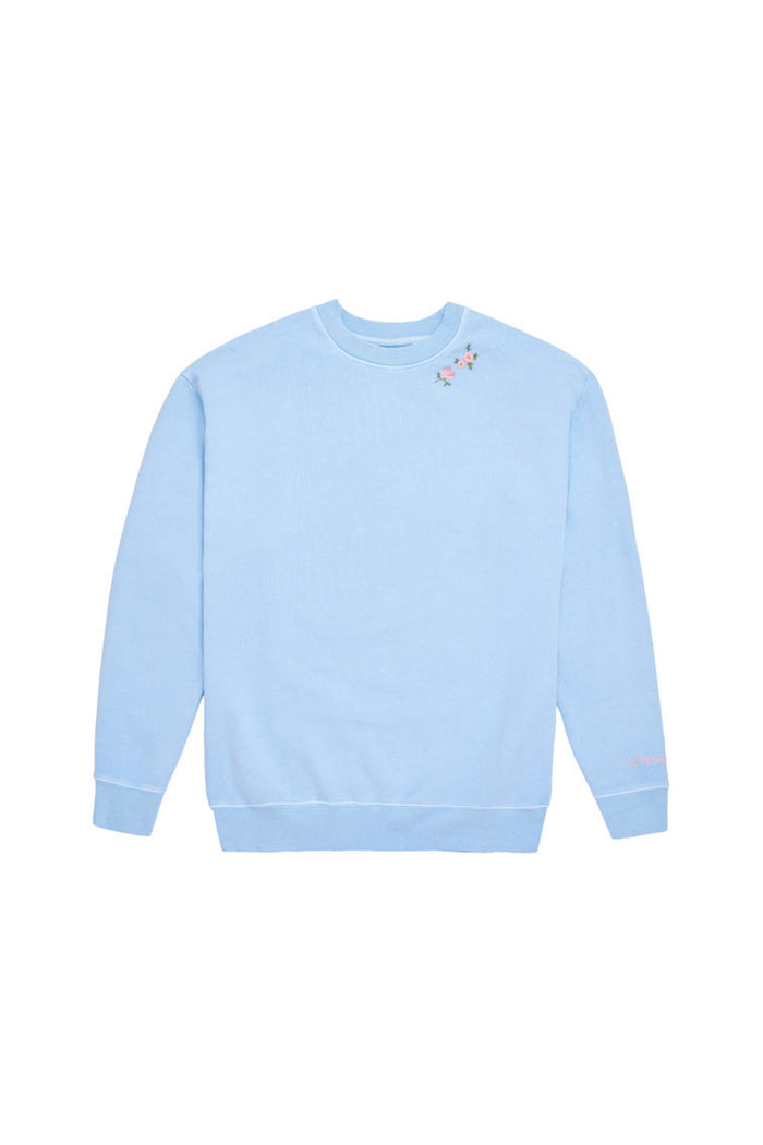 Light blue crewneck pullover sweatshirt with small floral chest graphic - Customized