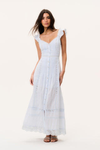 Light blue cotton maxi dress, V-neck with ruffle trim, button front and lace-edged hem