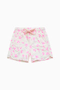 Pink floral swim shorts with bow-tie detail at the elastic waistband.