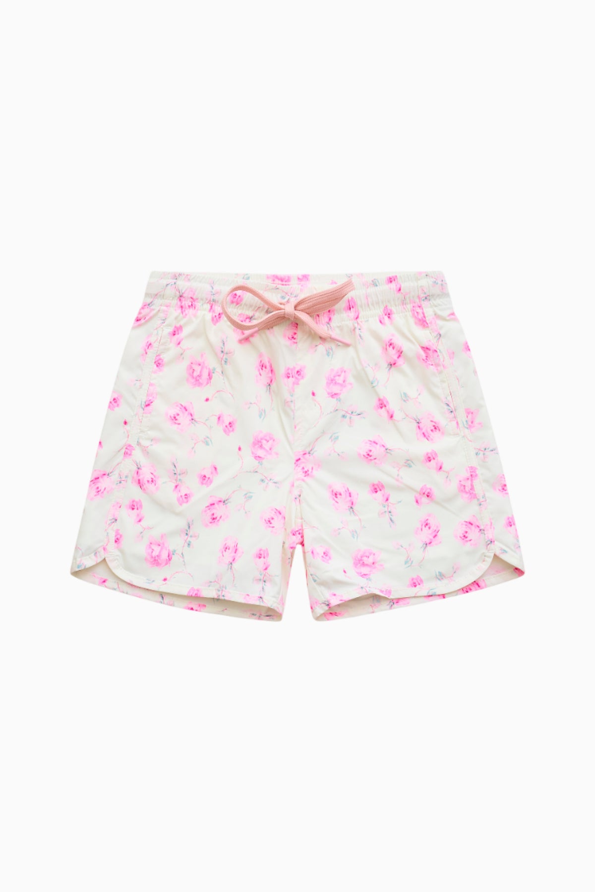 Pink floral swim shorts with bow-tie detail at the elastic waistband.