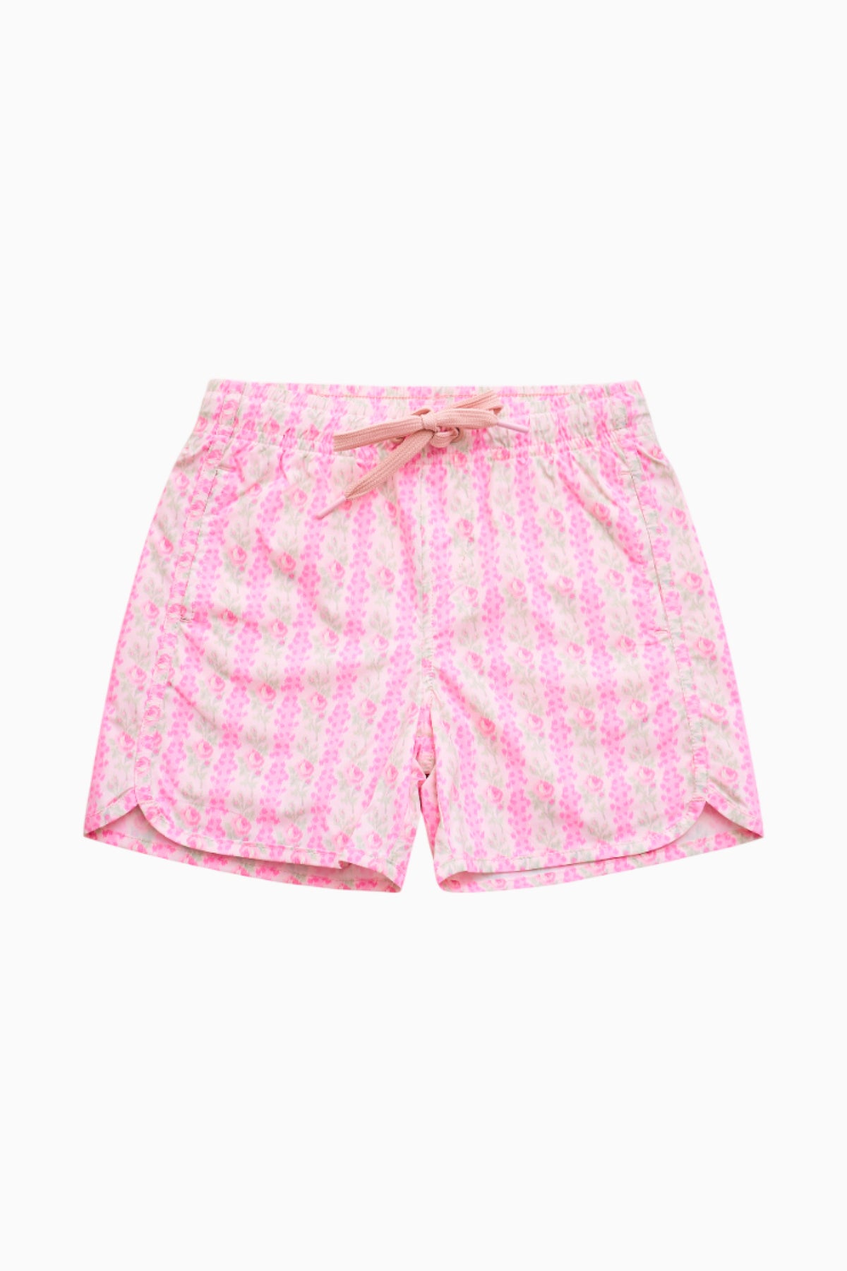 Pink printed swim shorts with bow-tied waistband and relaxed legs