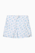 Mens light blue printed swim shorts with drawstring waist and side pockets