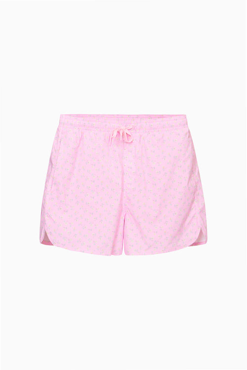 Mens pink patterned swim shorts with drawstring waist and relaxed fit