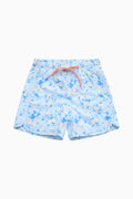 Light blue floral swim shorts with pink drawstring and elastic waist.