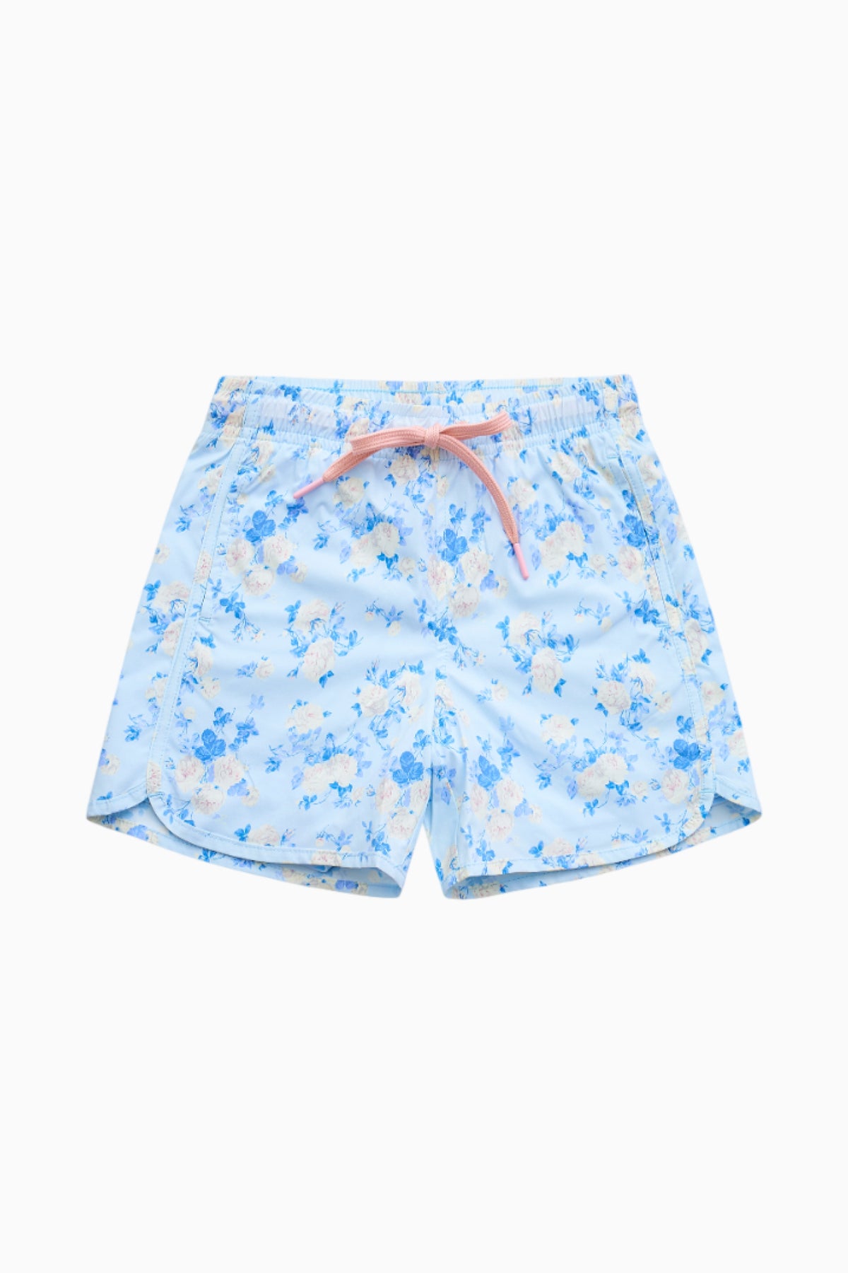 Light blue floral swim shorts with pink drawstring and elastic waist.