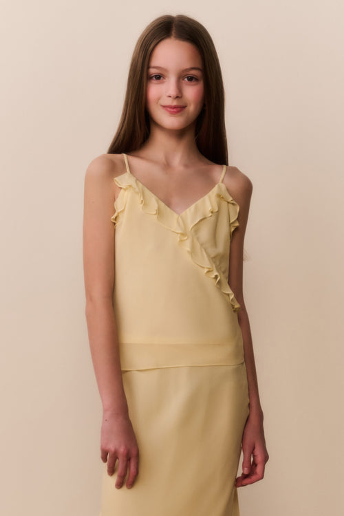 Butter lemon chiffon ruffle cami top with V-neck and shoulder ruffles