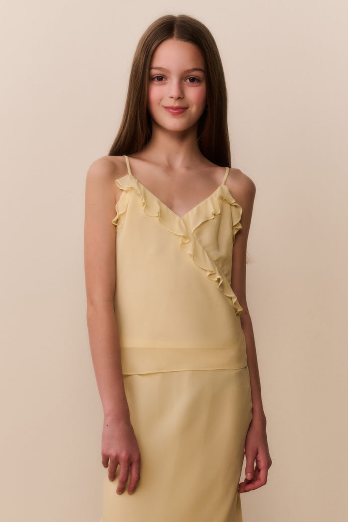 Butter lemon chiffon ruffle cami top with V-neck and shoulder ruffles