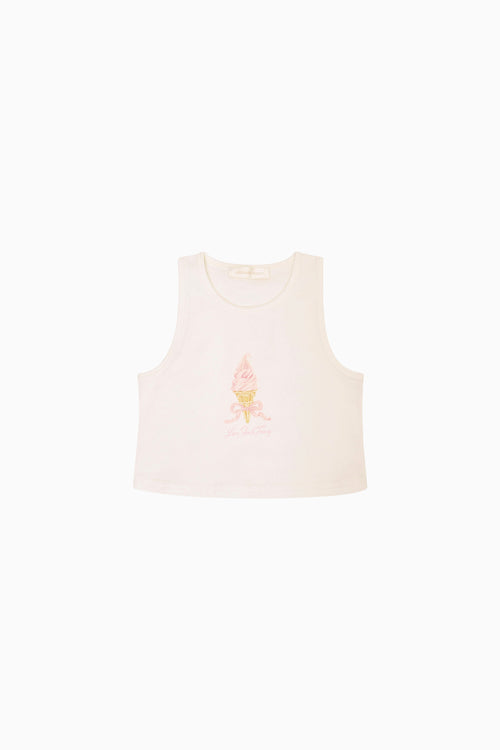 Girls' vanilla tank top with sleeveless scoop neck and pink tree graphic