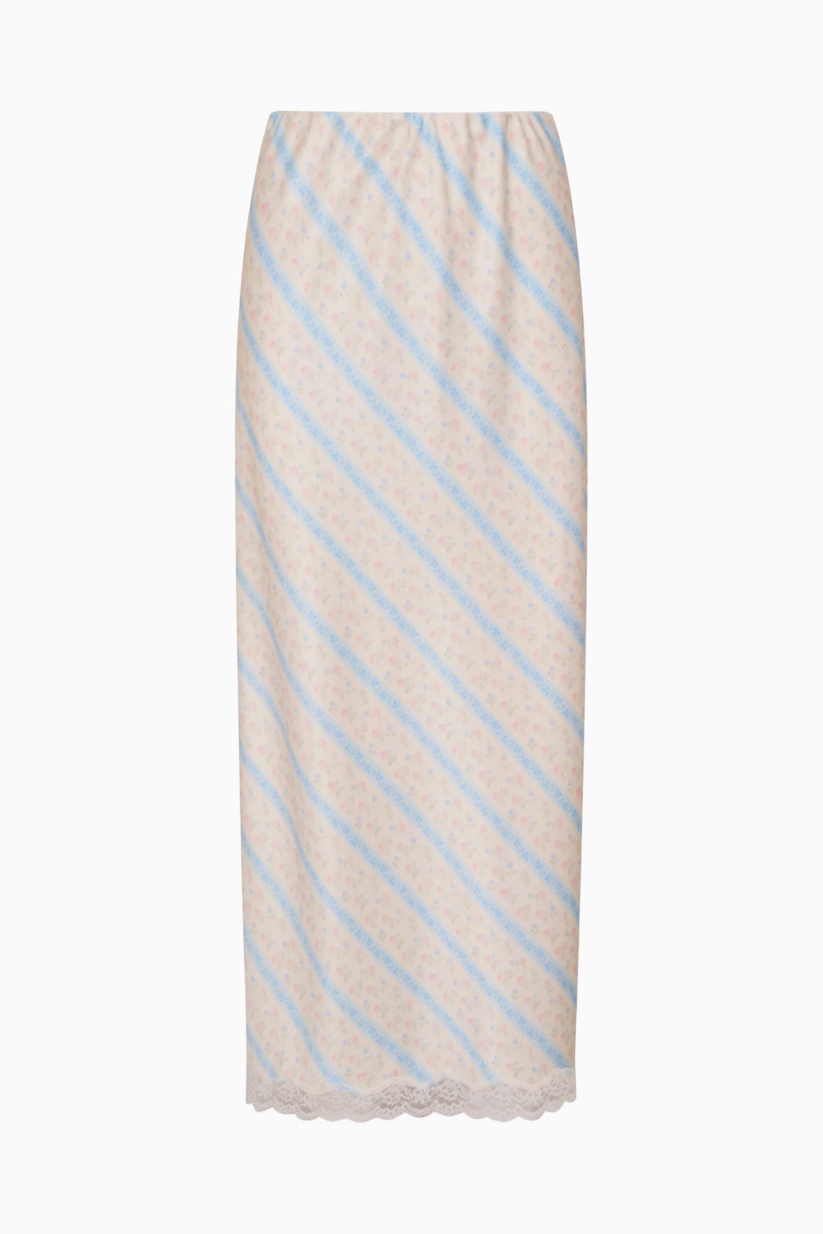 Light blue striped midi skirt with lace trim hem, straight pull-on fit