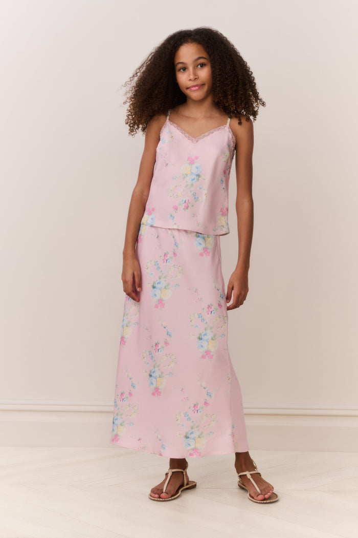 Front view of light pink floral maxi skirt with allover pastel flowers