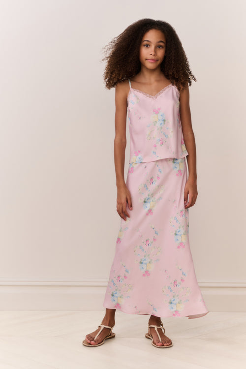 Light pink floral maxi skirt with delicate pastel bloom print