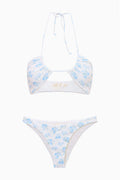 Blue floral triangle bikini top and matching bikini bottoms, tied neck