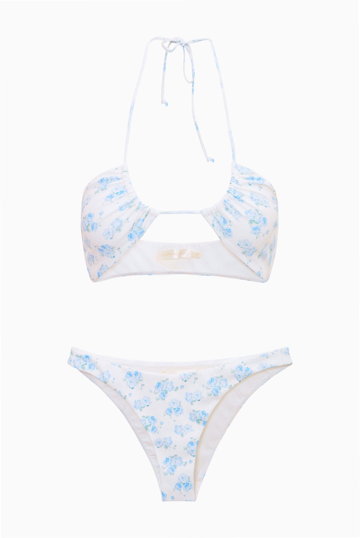 Blue floral triangle bikini top and matching bikini bottoms, tied neck