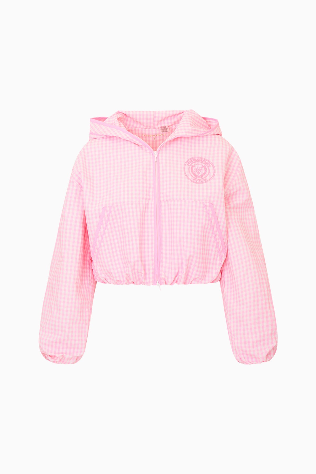 Pink gingham hooded windbreaker with full zip and swirl logo on chest, cropped length.