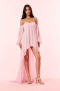 Light pink striped off-shoulder high-low dress with gathered bodice and asymmetrical hem