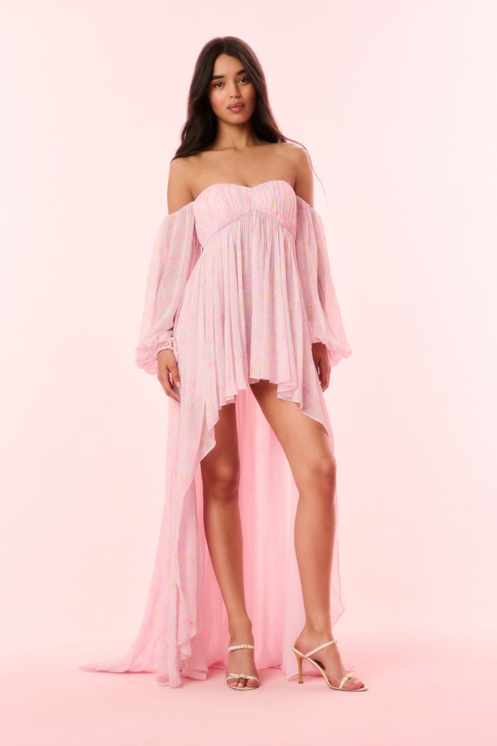 Light pink striped off-shoulder high-low dress with gathered bodice and asymmetrical hem
