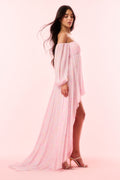 Light pink striped long high-low dress with off-shoulder neckline and flowing chiffon-like layers