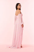 Light pink striped off-shoulder high-low maxi dress with loose gathered sleeves and draped hem